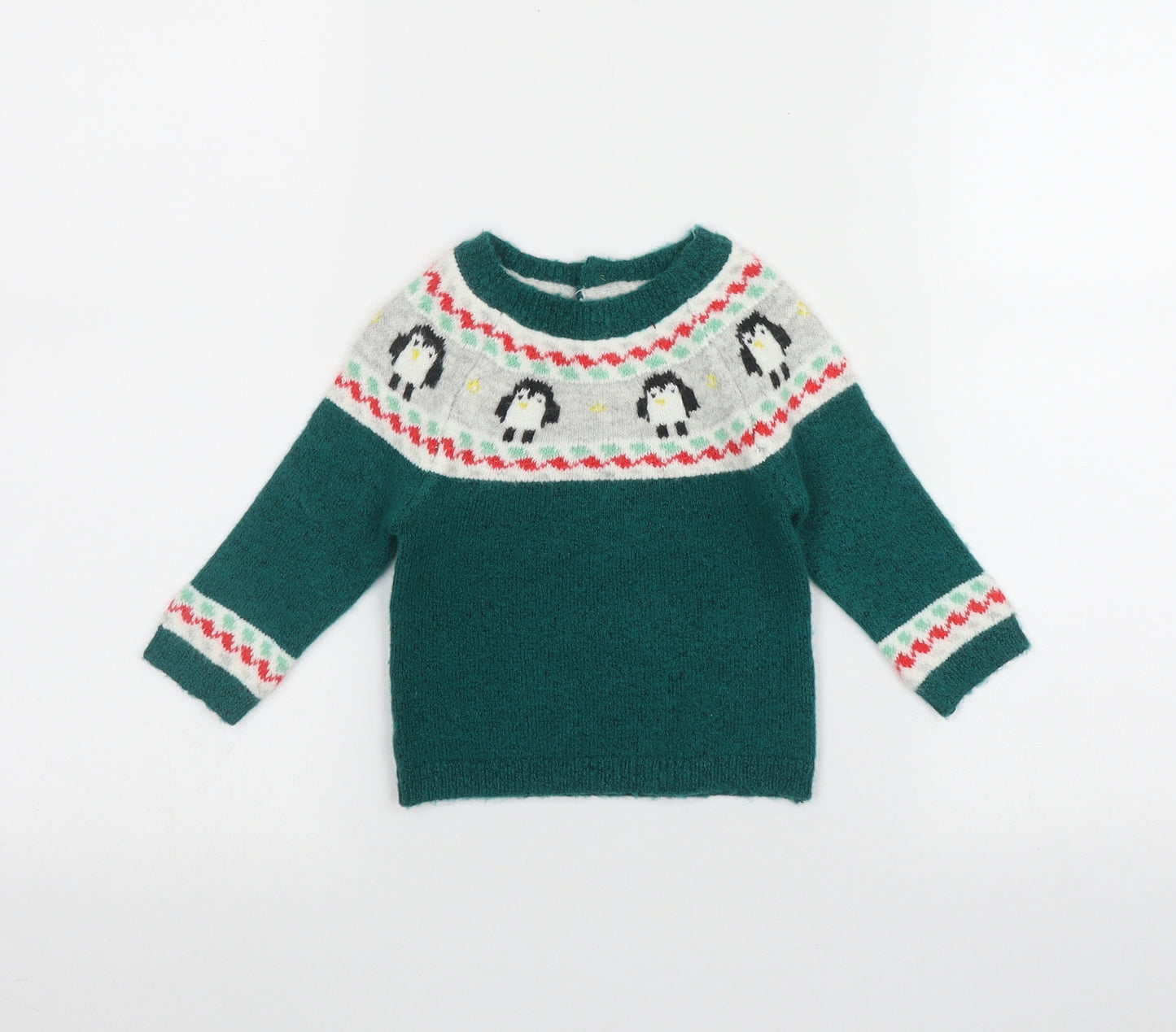 Marks and Spencer Boys Green Fair Isle Acrylic Pullover Jumper Size 6-9 Months  Button