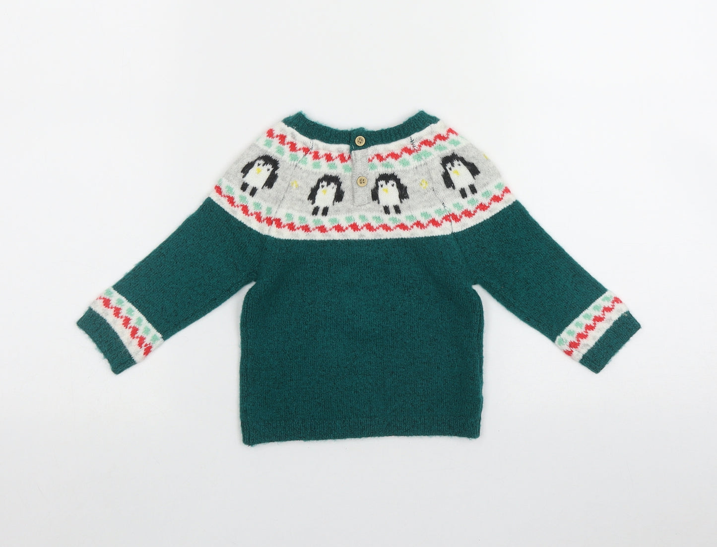 Marks and Spencer Boys Green Fair Isle Acrylic Pullover Jumper Size 6-9 Months  Button