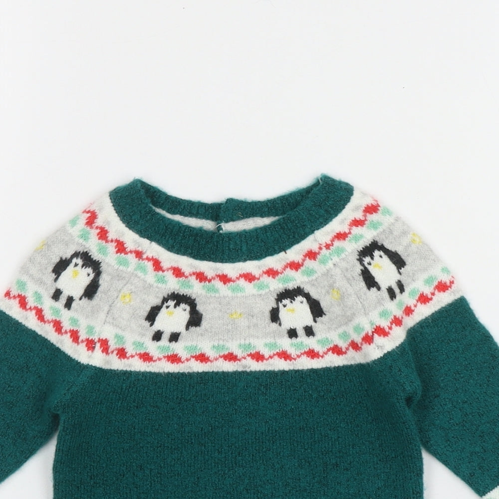 Marks and Spencer Boys Green Fair Isle Acrylic Pullover Jumper Size 6-9 Months  Button