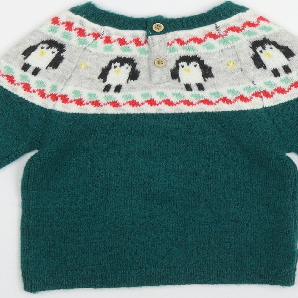 Marks and Spencer Boys Green Fair Isle Acrylic Pullover Jumper Size 6-9 Months  Button