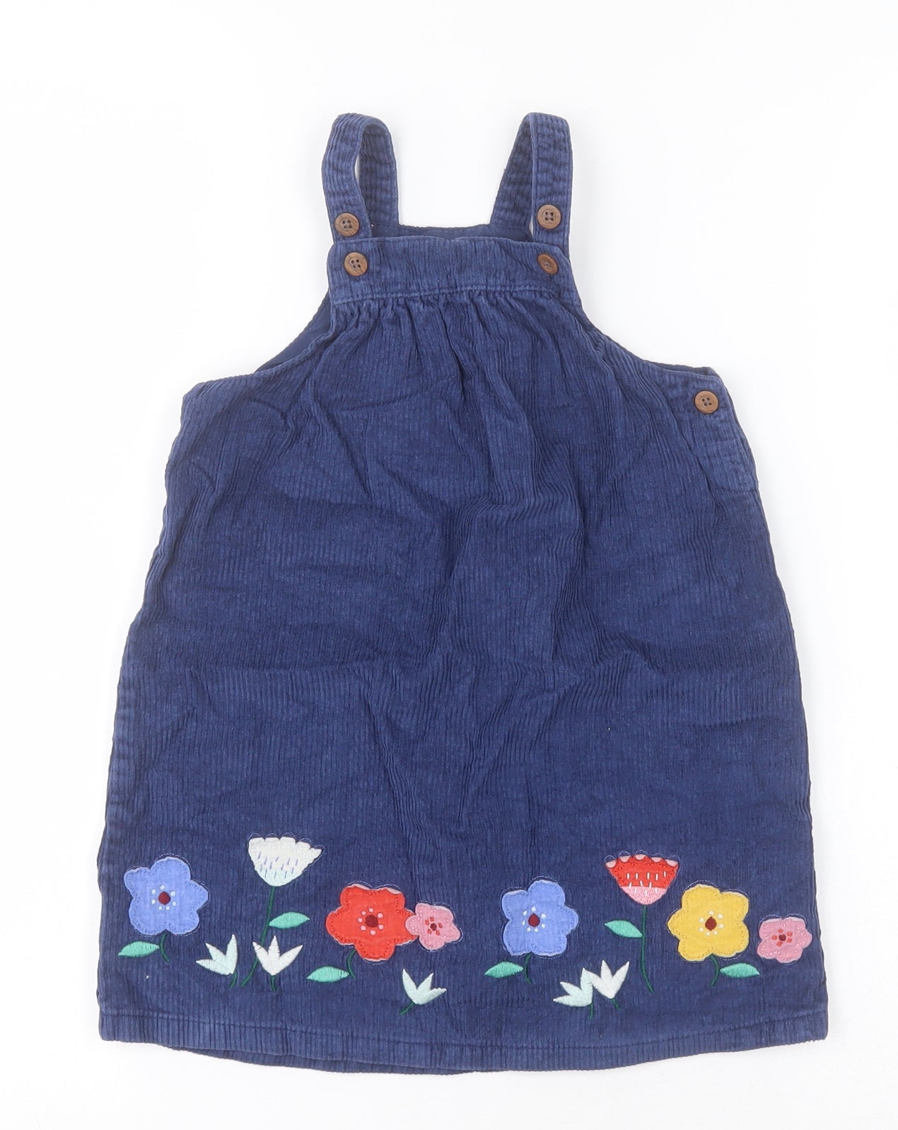 Marks and Spencer Girls Blue  Cotton Pinafore/Dungaree Dress  Size 2-3 Years  Square Neck Button - Flowers