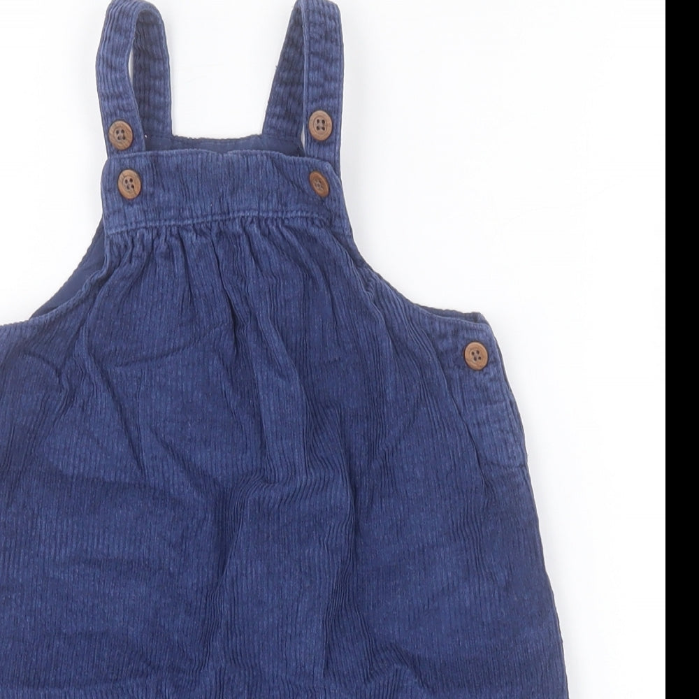 Marks and Spencer Girls Blue  Cotton Pinafore/Dungaree Dress  Size 2-3 Years  Square Neck Button - Flowers