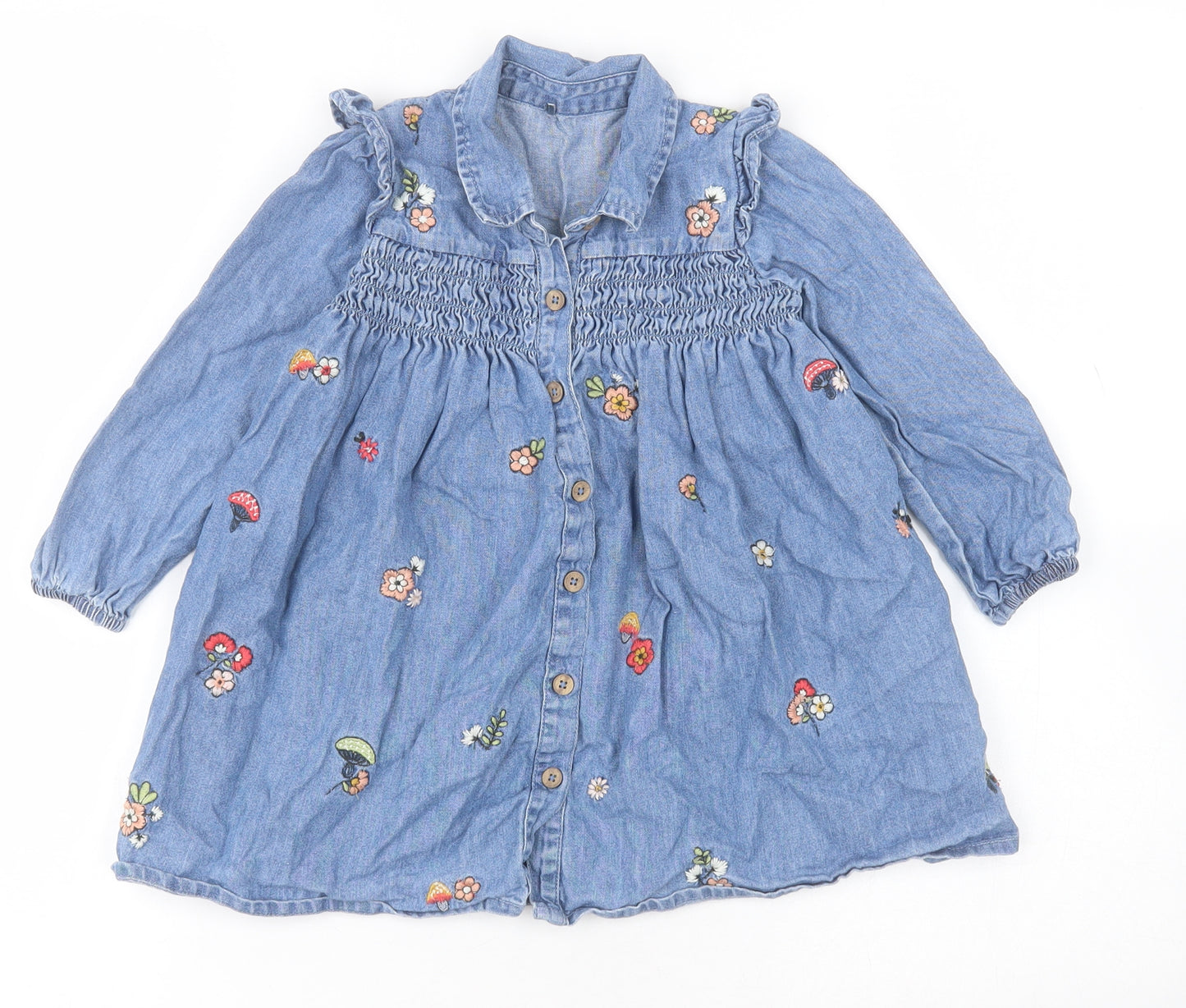 George Girls Blue  Cotton Shirt Dress  Size 2-3 Years  Collared Buckle - Flowers