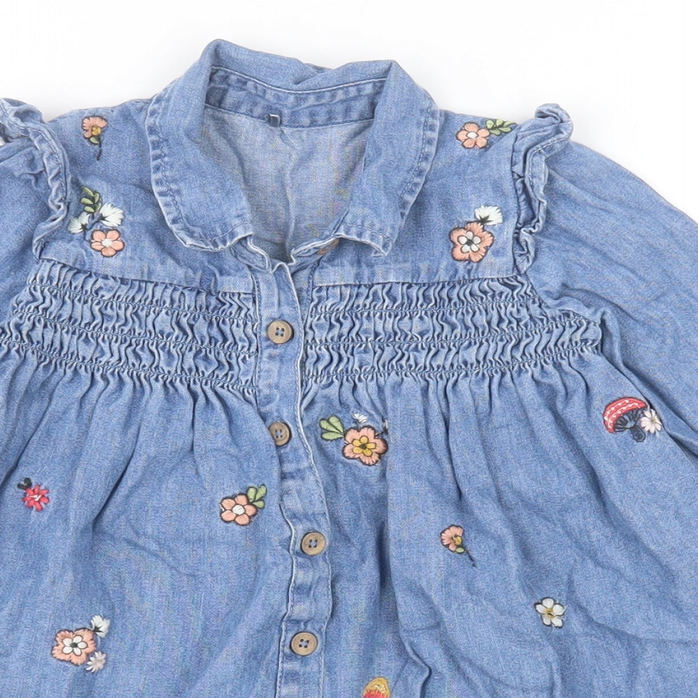 George Girls Blue  Cotton Shirt Dress  Size 2-3 Years  Collared Buckle - Flowers