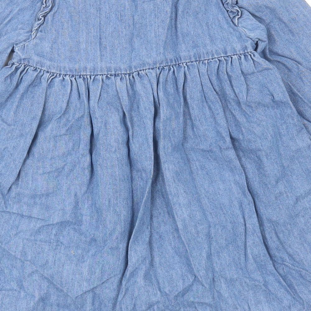 George Girls Blue  Cotton Shirt Dress  Size 2-3 Years  Collared Buckle - Flowers