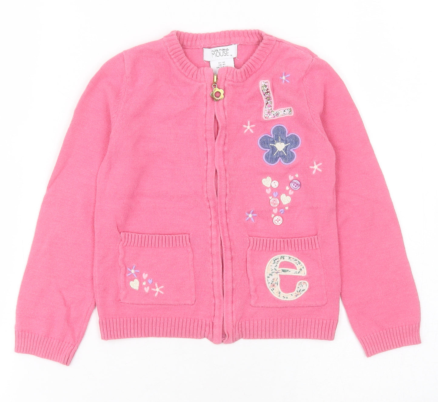 Miss Mona Mouse Girls Pink Round Neck  Cotton Cardigan Jumper Size 3-4 Years  Zip - Flowers