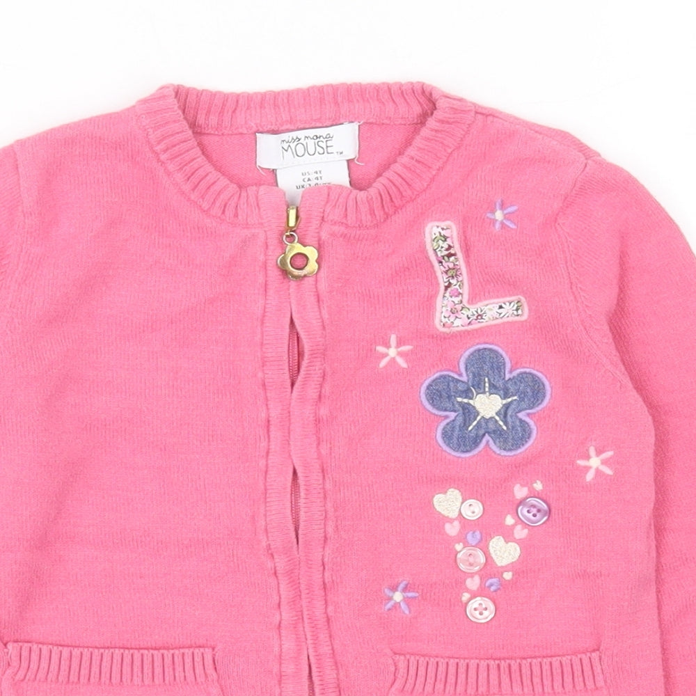 Miss Mona Mouse Girls Pink Round Neck  Cotton Cardigan Jumper Size 3-4 Years  Zip - Flowers