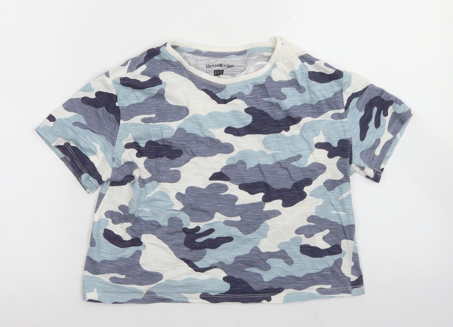 F&F Girls Blue Camouflage Cotton Cropped T-Shirt Size 9-10 Years Crew Neck