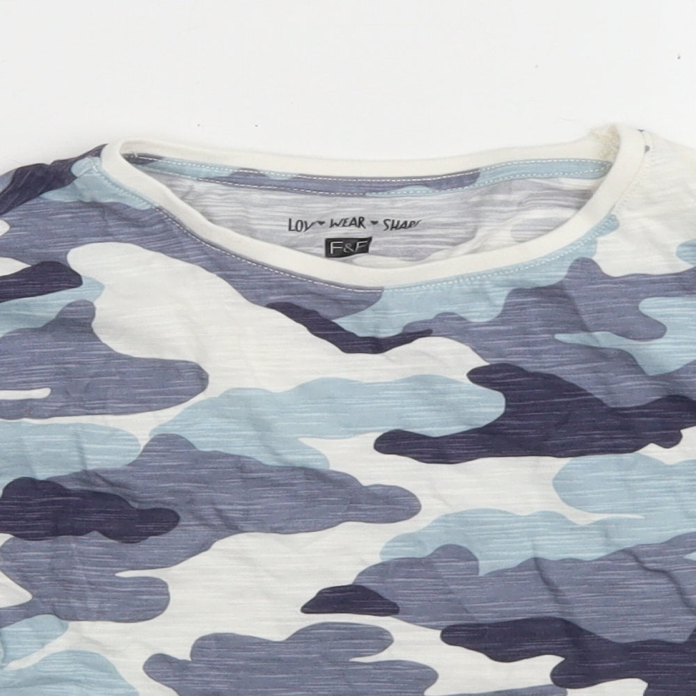 F&F Girls Blue Camouflage Cotton Cropped T-Shirt Size 9-10 Years Crew Neck