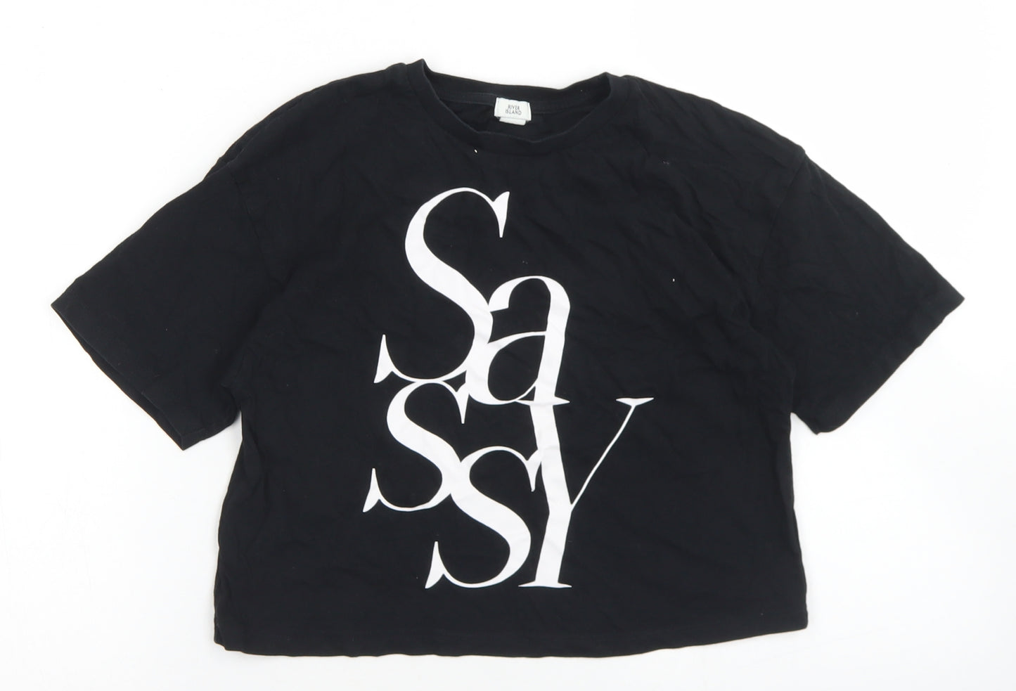 River Island Girls Black  Cotton Cropped T-Shirt Size 9-10 Years Crew Neck  - Sassy