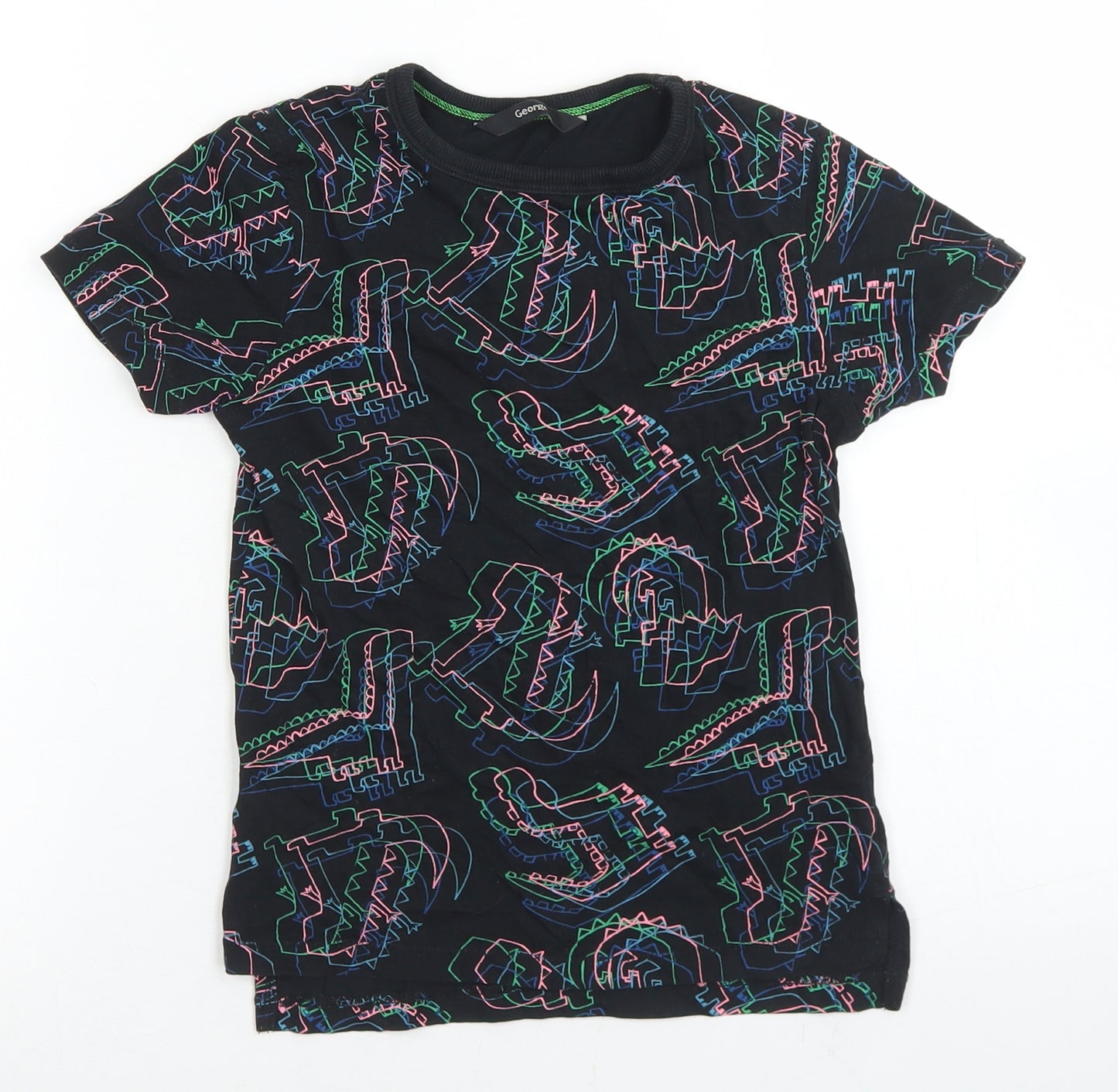 George Boys Black Geometric Cotton Basic T-Shirt Size 5-6 Years Crew Neck  - Dinosaurs