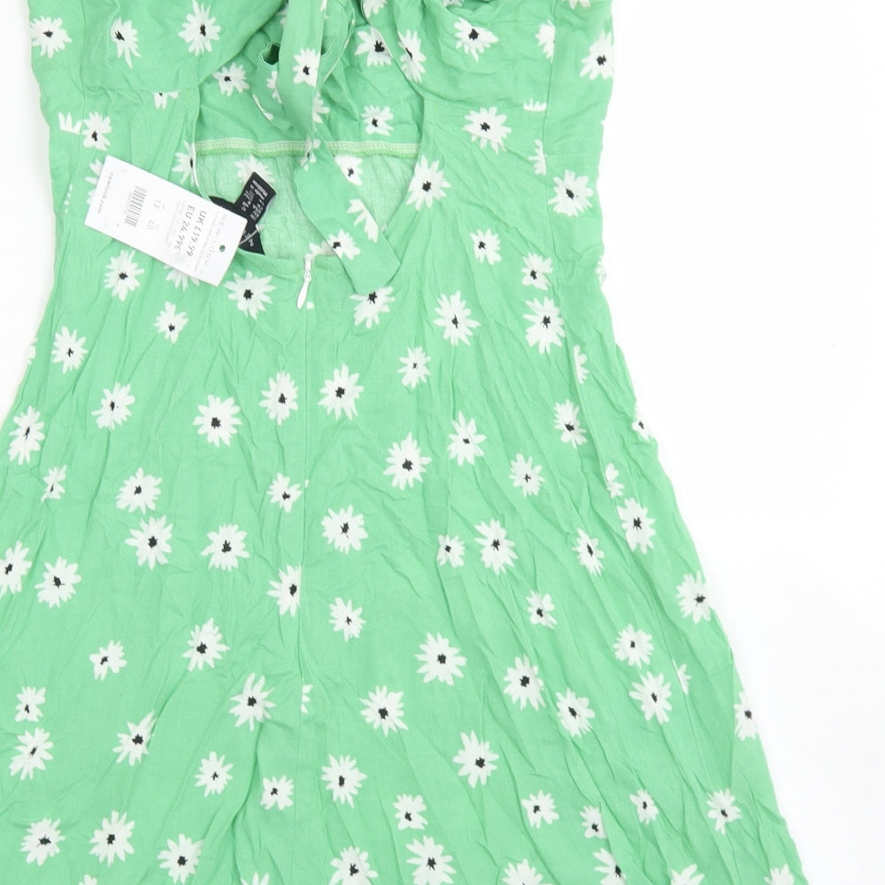 New Look Womens Green Floral Viscose Slip Dress  Size 12  Round Neck Tie