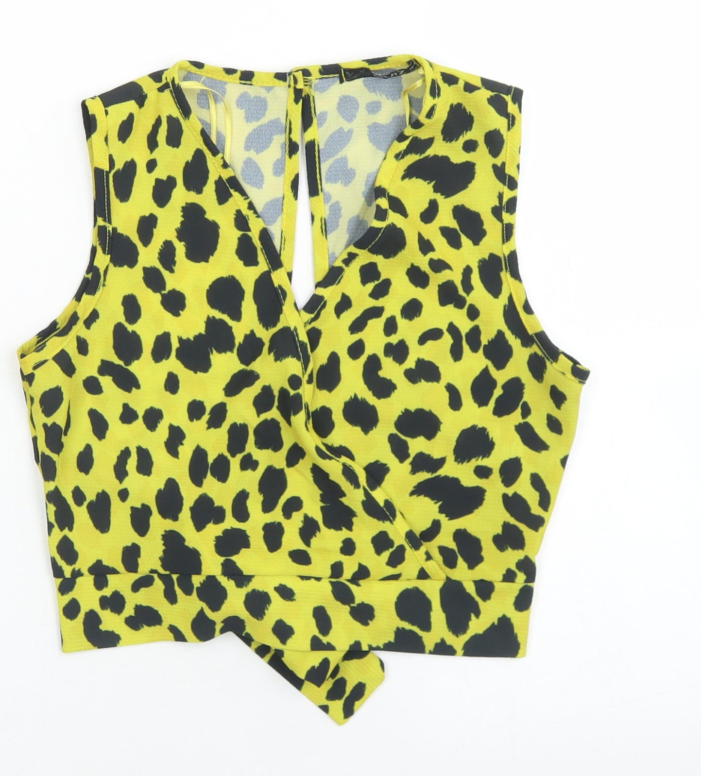 Quiz Womens Yellow Animal Print Polyester Cropped Blouse Size 10 V-Neck