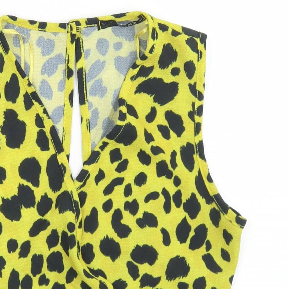 Quiz Womens Yellow Animal Print Polyester Cropped Blouse Size 10 V-Neck