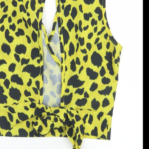 Quiz Womens Yellow Animal Print Polyester Cropped Blouse Size 10 V-Neck