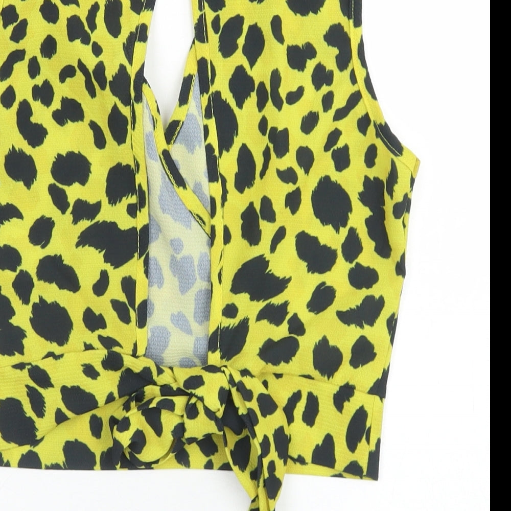 Quiz Womens Yellow Animal Print Polyester Cropped Blouse Size 10 V-Neck