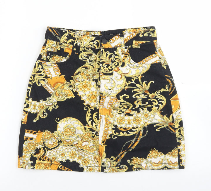 Stradivarius Womens Black Paisley Cotton A-Line Skirt Size 6   Button