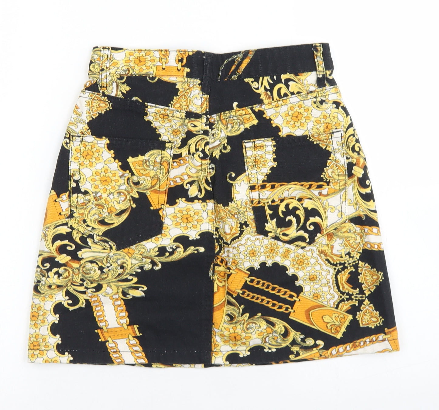 Stradivarius Womens Black Paisley Cotton A-Line Skirt Size 6   Button