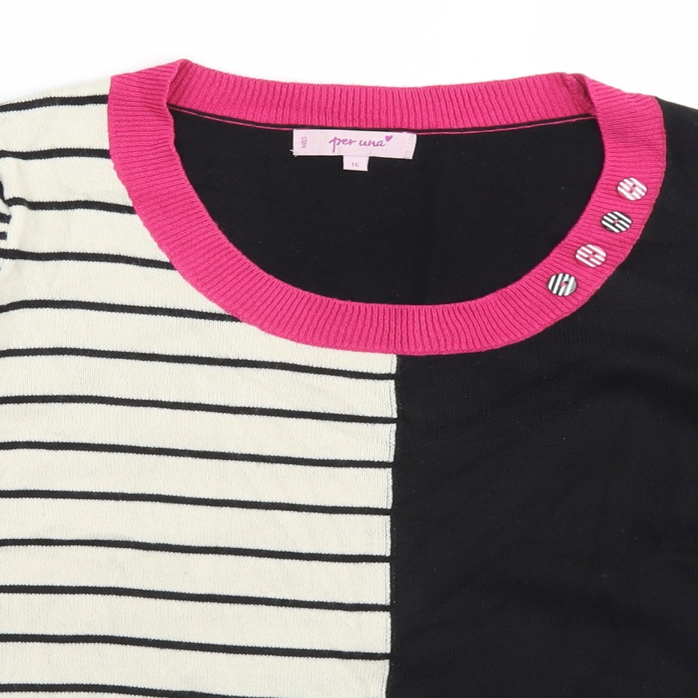 Per Una Womens Black Round Neck Striped Acrylic Pullover Jumper Size 16