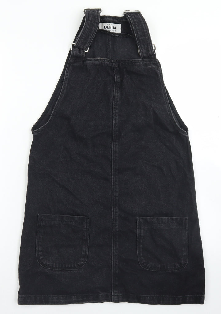 New Look Womens Black Cotton Pinafore/Dungaree Dress Size 6 Square Neck Button
