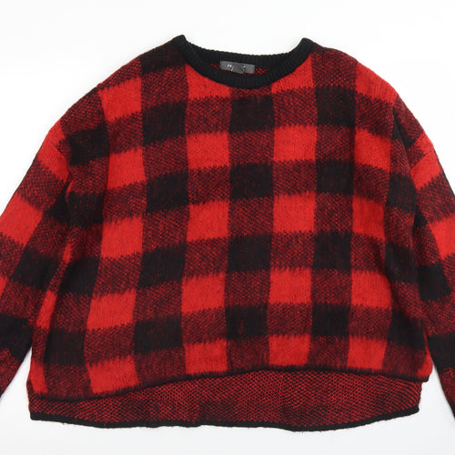 Primark Womens Red Crew Neck Check Acrylic Pullover Jumper Size S