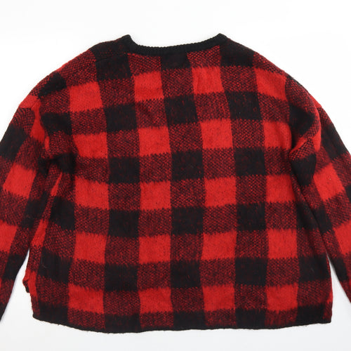 Primark Womens Red Crew Neck Check Acrylic Pullover Jumper Size S