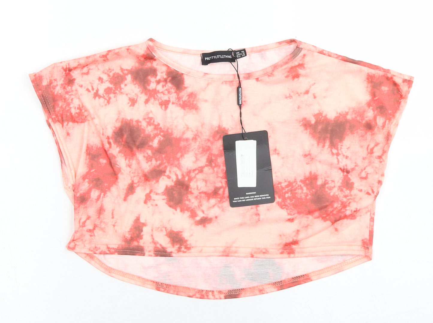 PRETTYLITTLETHING Womens Red  Polyester Cropped T-Shirt Size 10 Round Neck - tie Dye