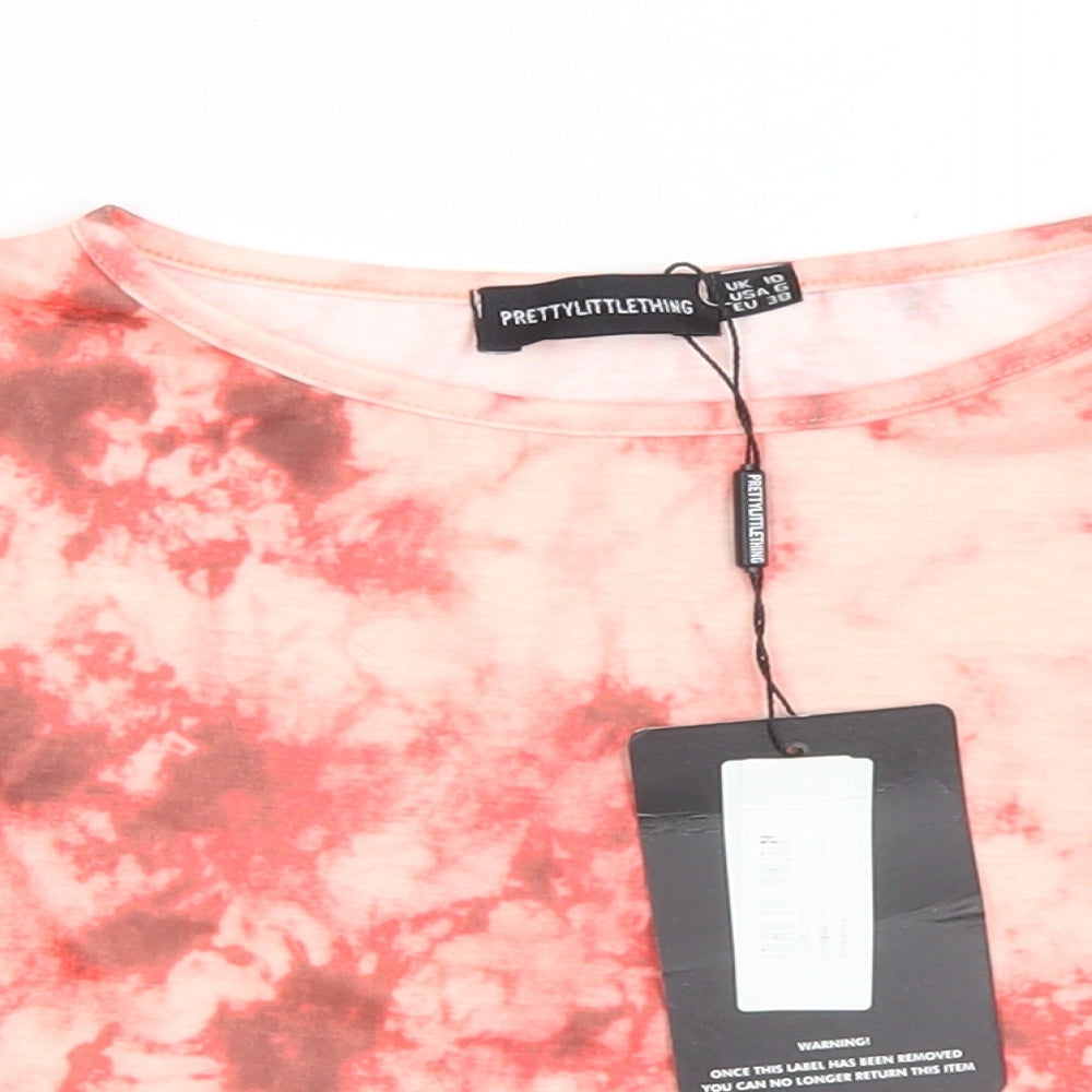 PRETTYLITTLETHING Womens Red  Polyester Cropped T-Shirt Size 10 Round Neck - tie Dye
