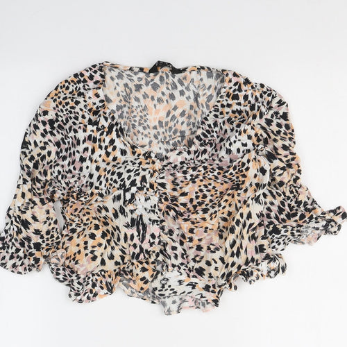 New Look Womens White Animal Print Viscose Cropped Blouse Size 14 V-Neck