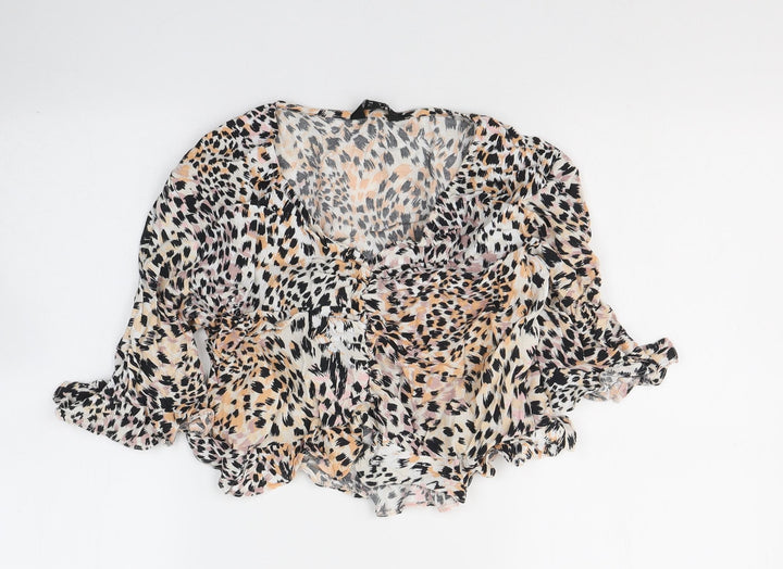 New Look Womens White Animal Print Viscose Cropped Blouse Size 14 V-Neck