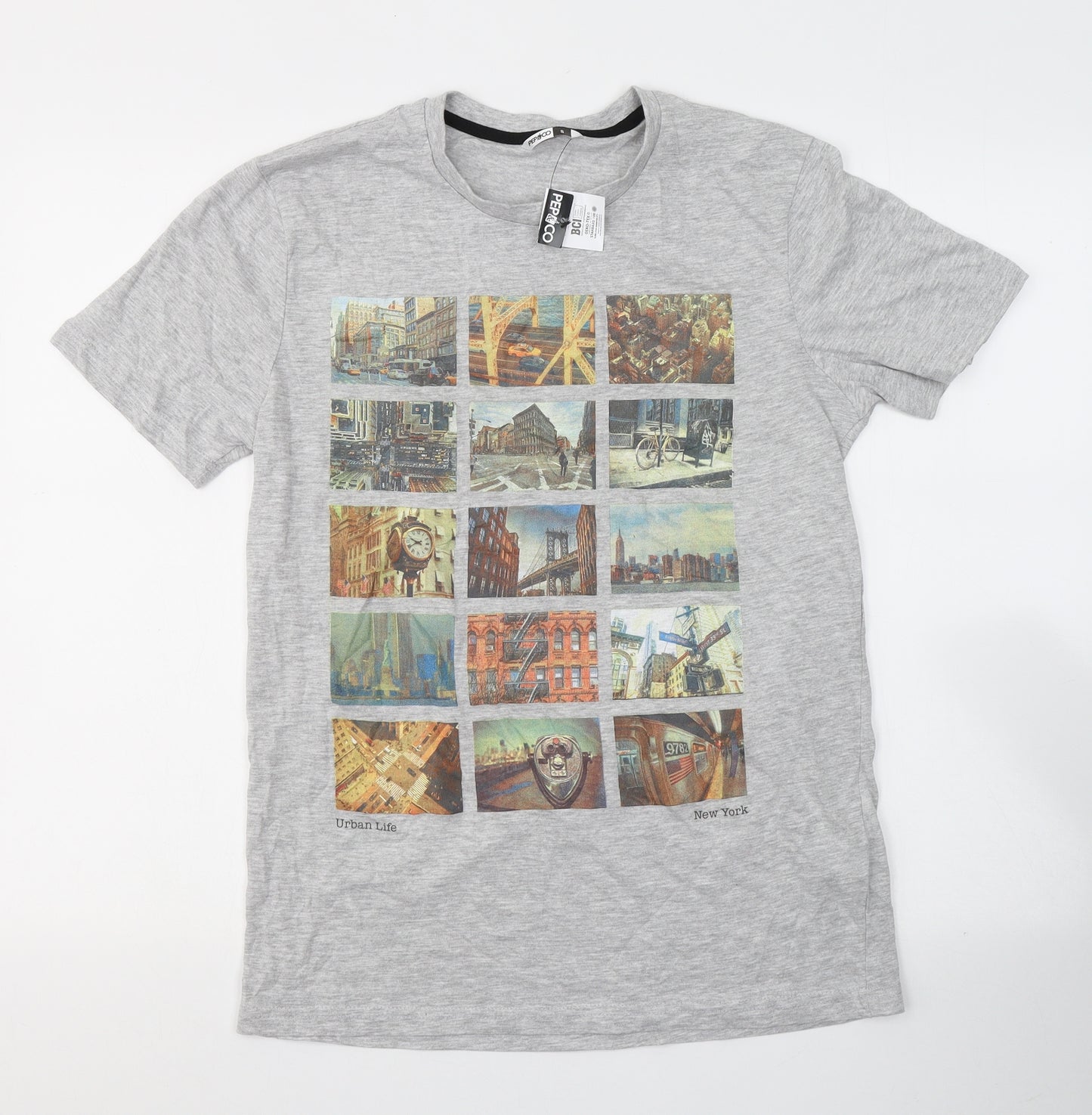 Pep&Co Mens Grey  Cotton  T-Shirt Size S Round Neck