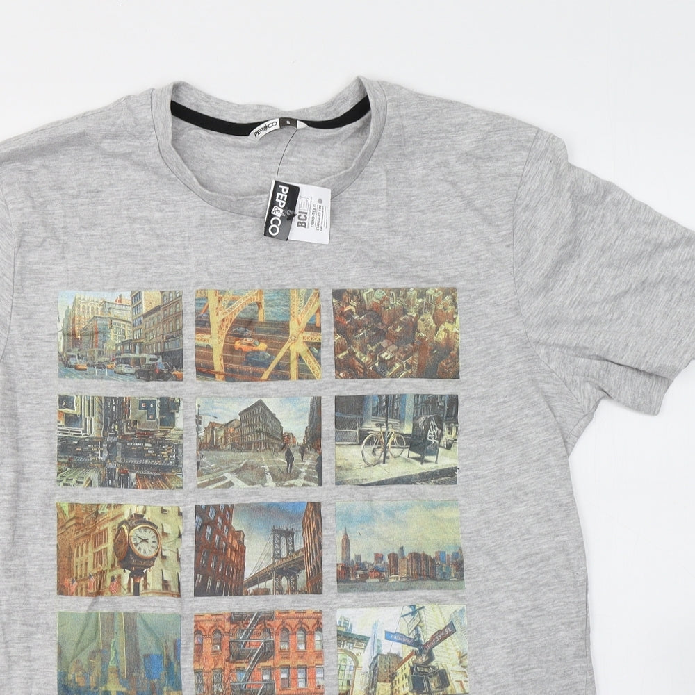 Pep&Co Mens Grey  Cotton  T-Shirt Size S Round Neck