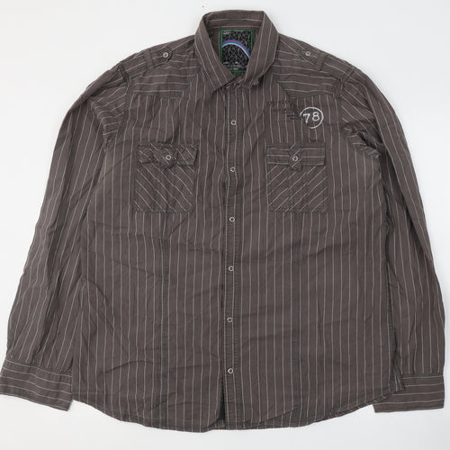 NEXT Mens Brown Striped Cotton  Button-Up Size XL Collared Button