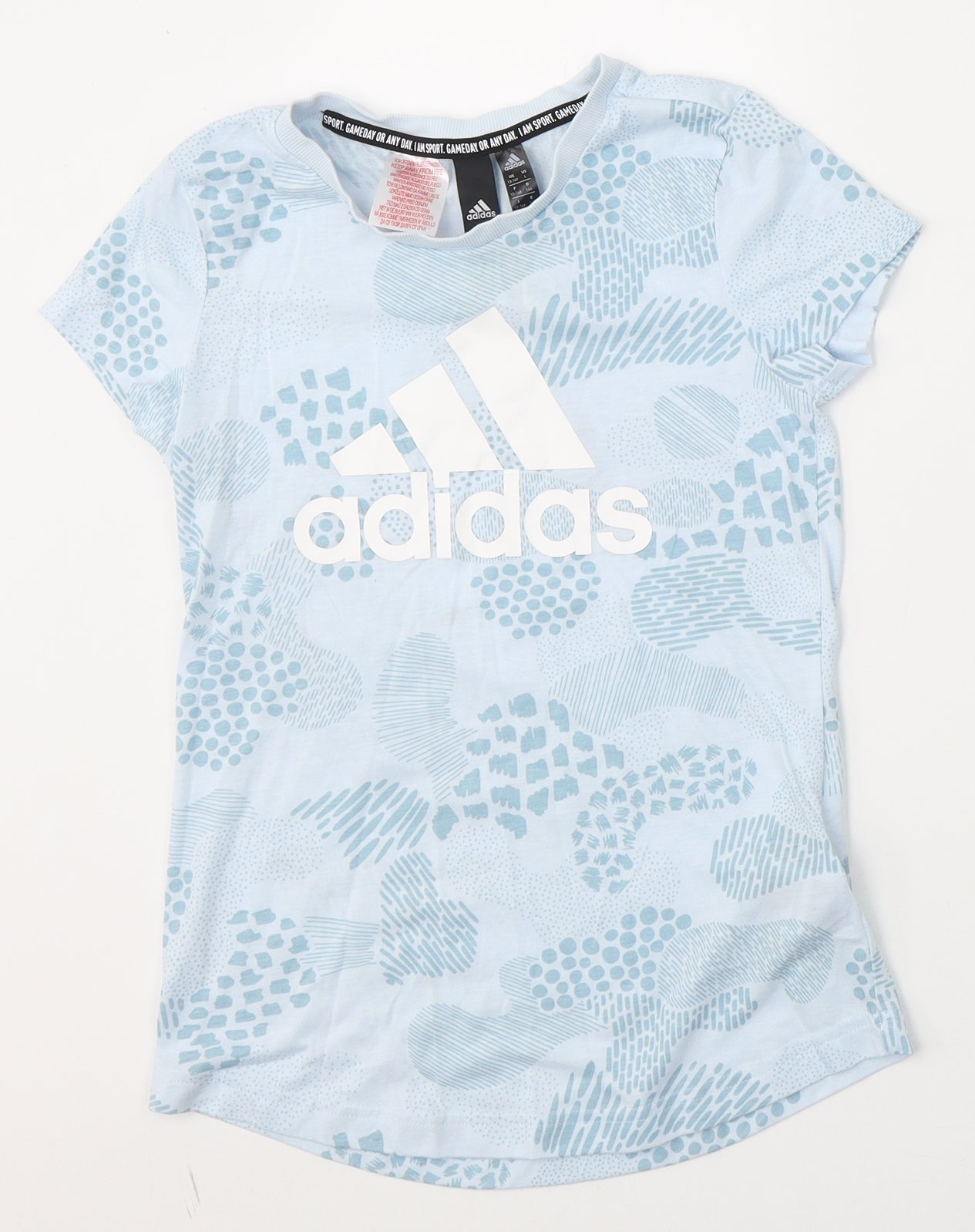 adidas Girls Blue Geometric Polyester Basic T-Shirt Size 12-13 Years Round Neck Pullover