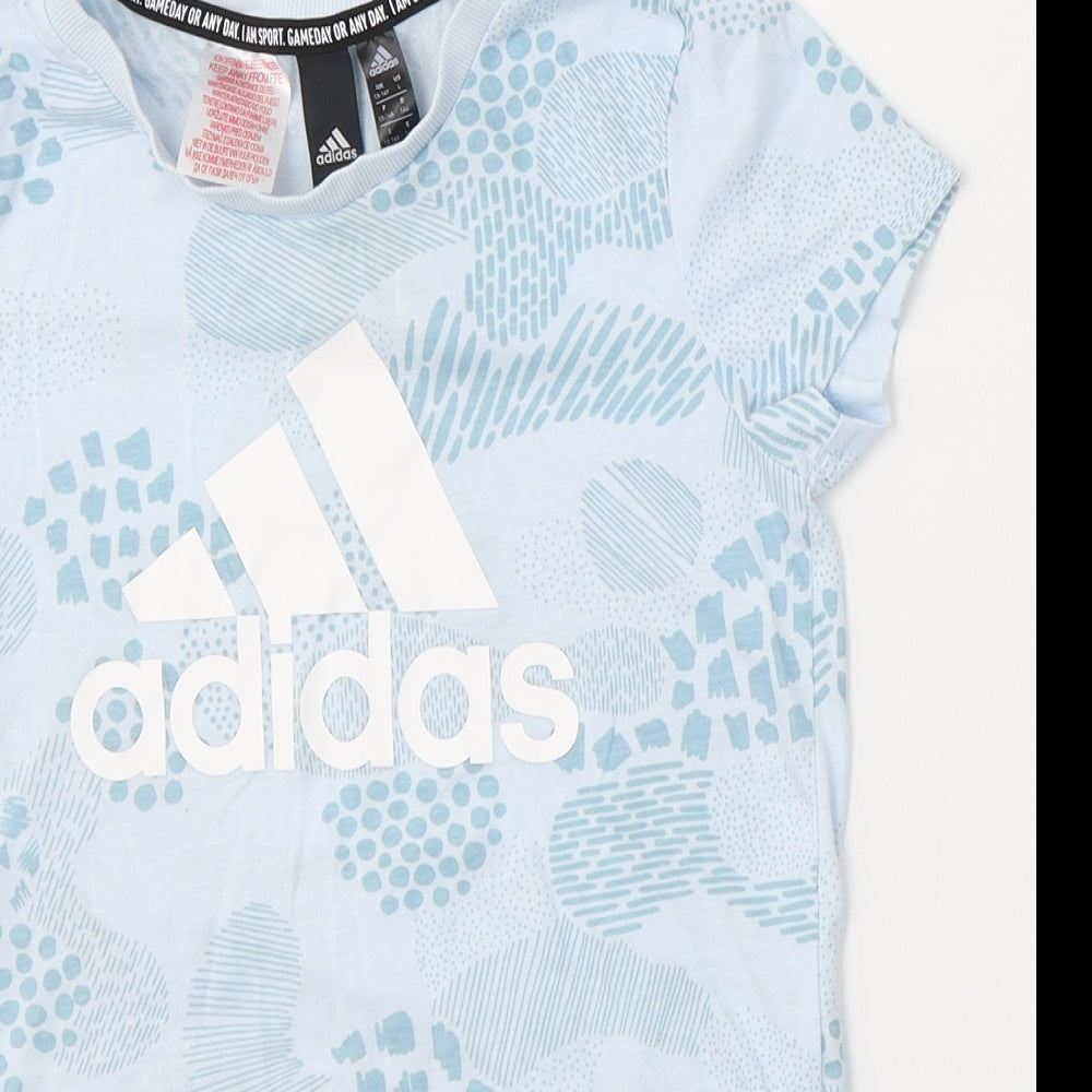 adidas Girls Blue Geometric Polyester Basic T-Shirt Size 12-13 Years Round Neck Pullover