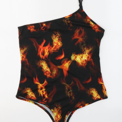 PRETTYLITTLETHING Womens Black Geometric Polyester Bodysuit One-Piece Size 10  Button