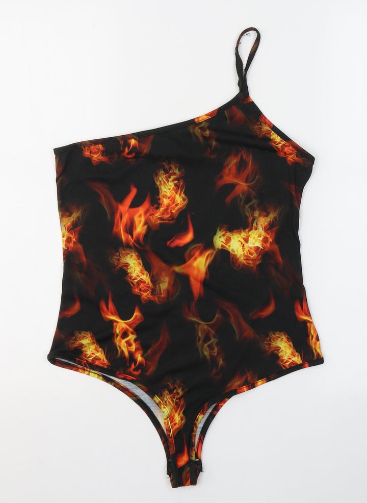 PRETTYLITTLETHING Womens Black Geometric Polyester Bodysuit One-Piece Size 10 Button