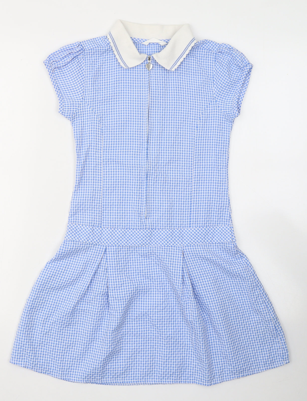 Marks and Spencer Girls Blue Check Viscose T-Shirt Dress  Size 7-8 Years  Collared Zip - School Dress