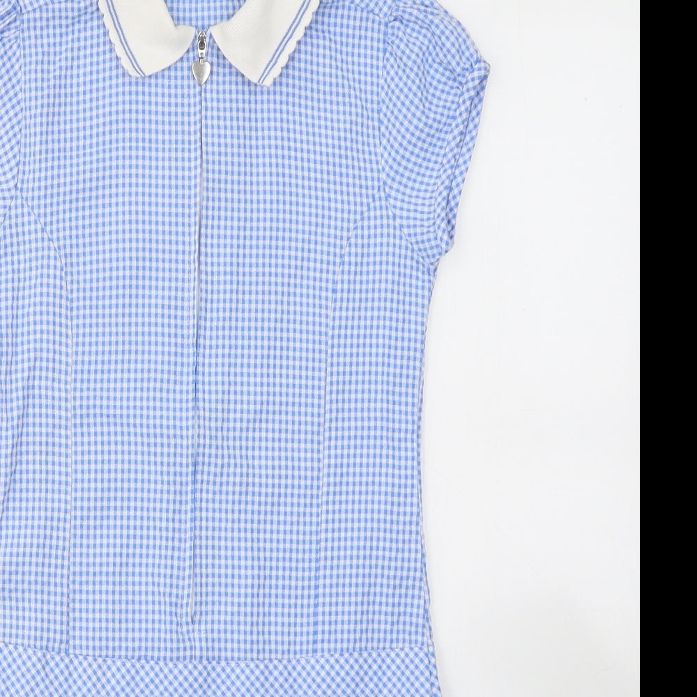 Marks and Spencer Girls Blue Check Viscose T-Shirt Dress  Size 7-8 Years  Collared Zip - School Dress