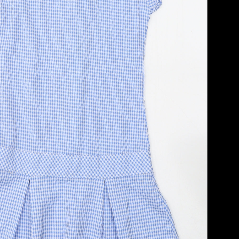 Marks and Spencer Girls Blue Check Viscose T-Shirt Dress  Size 7-8 Years  Collared Zip - School Dress