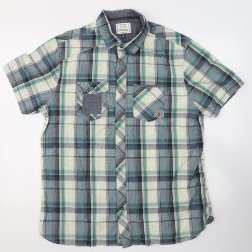 George Mens Green Plaid Cotton  Button-Up Size L Collared Button