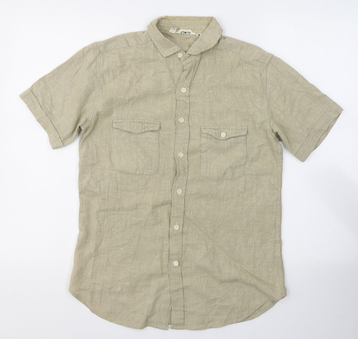 Neutral Mens Beige  Cotton  Button-Up Size M Collared Button
