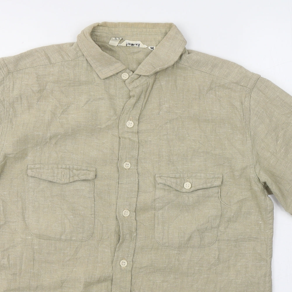 Neutral Mens Beige  Cotton  Button-Up Size M Collared Button