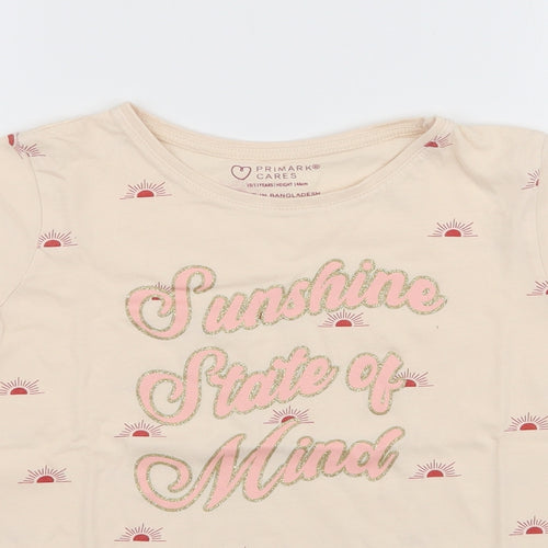 Primark Girls Beige  100% Cotton Jersey T-Shirt Size 10-11 Years Round Neck Pullover - Sunshine state of mind