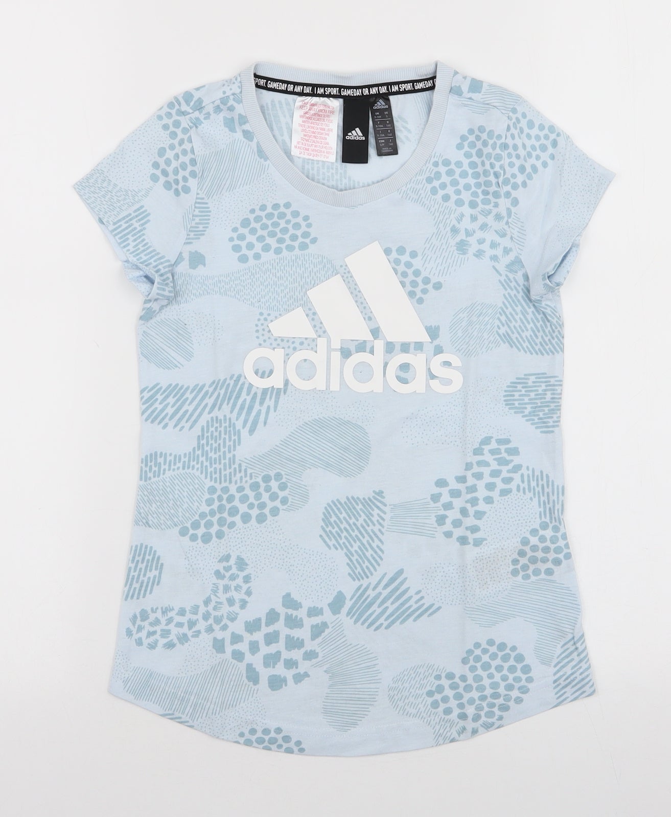 adidas Girls Blue Animal Print Polyester Jersey T-Shirt Size 9-10 Years Round Neck Pullover