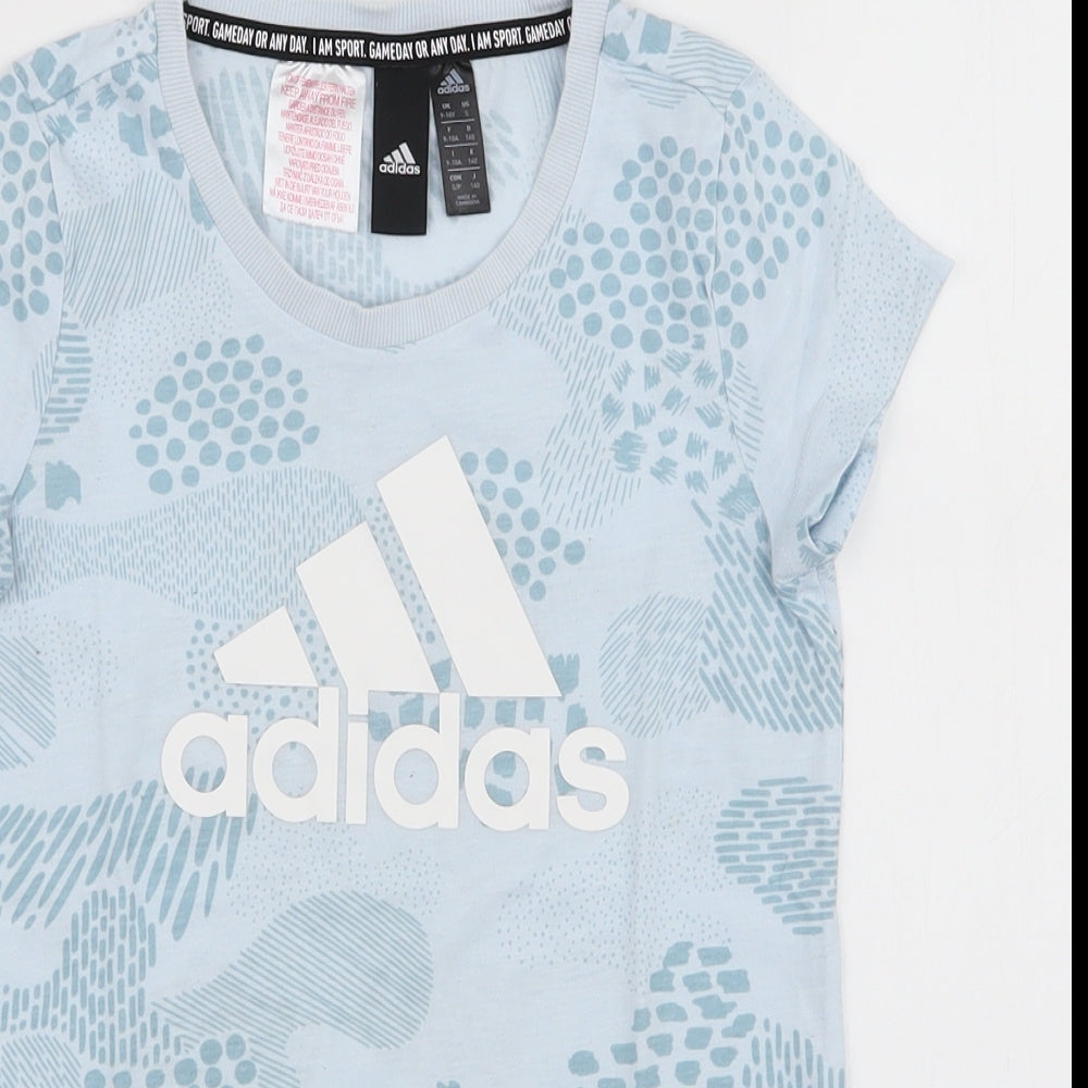 adidas Girls Blue Animal Print Polyester Jersey T-Shirt Size 9-10 Years Round Neck Pullover
