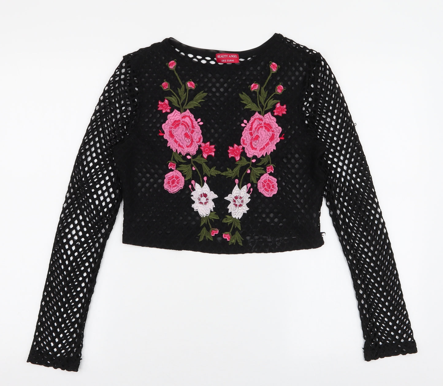 Beauty Angel Womens Black Floral Polyester Cropped Blouse Size 12 Round Neck