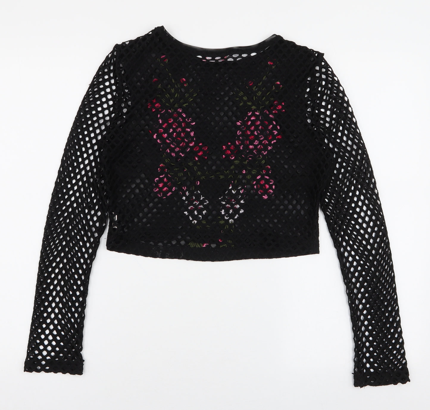 Beauty Angel Womens Black Floral Polyester Cropped Blouse Size 12 Round Neck