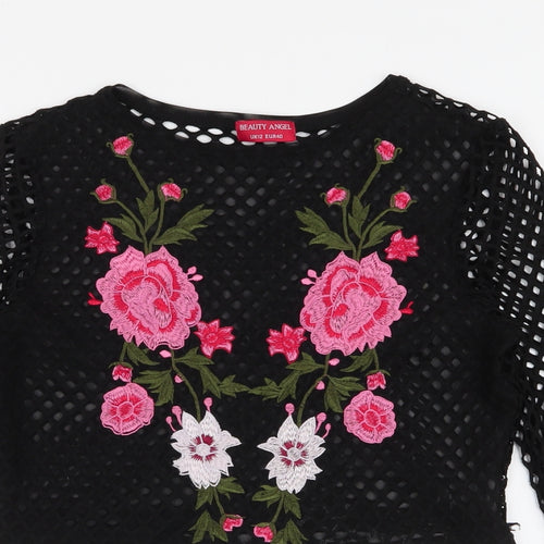 Beauty Angel Womens Black Floral Polyester Cropped Blouse Size 12 Round Neck