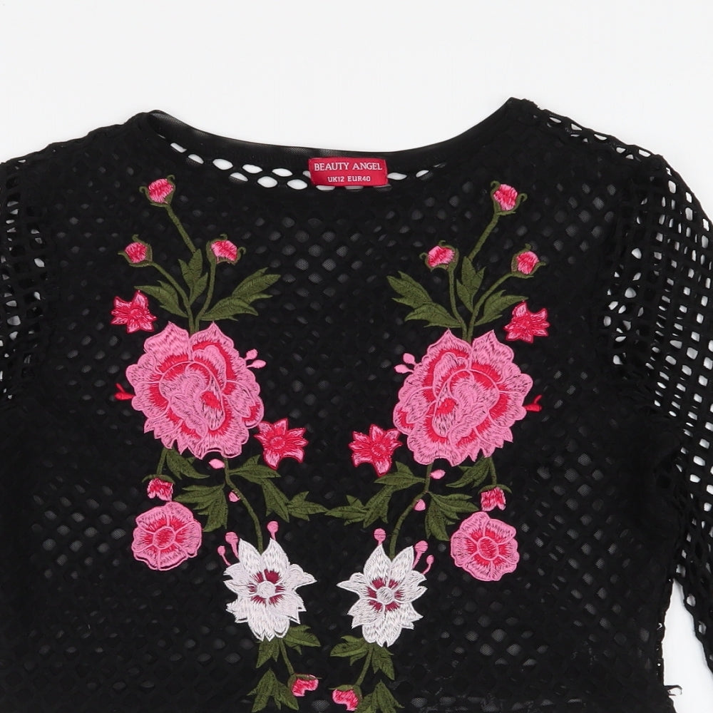 Beauty Angel Womens Black Floral Polyester Cropped Blouse Size 12 Round Neck